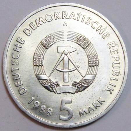 Монета ГДР 5 марок 1988 года Первый немецкий паровоз Саксония, арт 2