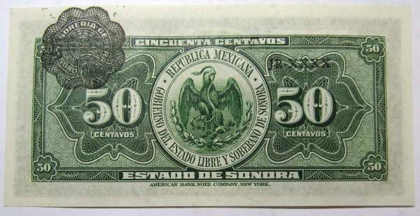 Банкнота Мексика 50 сентаво 1915 Банкнота Мексика 50 сентаво 1915