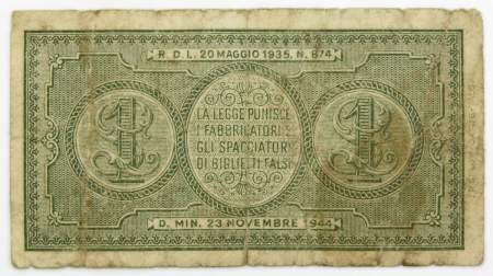 Банкнота 1 лира 1944 года Италия