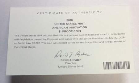 Монета 1 доллар США Первый патент серии Американские инновации и новаторы (2018) S, PROOF, футляр, сертификат