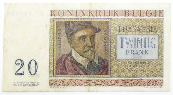 Банкнота 20 франков 1956 года Бельгия Банкнота 20 франков 1956 года Бельгия