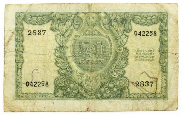 Банкнота 50 лир 1951 года Италия Банкнота 50 лир 1951 года Италия