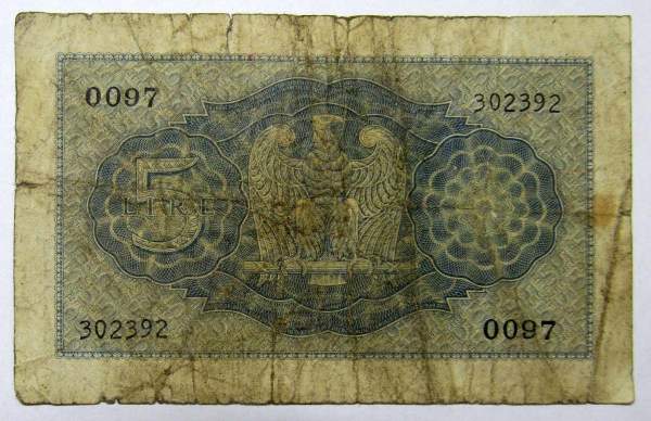 Банкнота 5 лир 1940 года Италия
