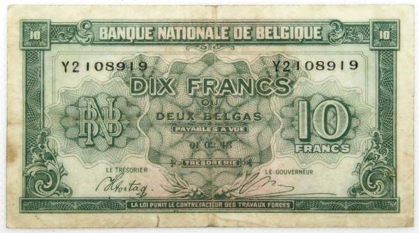 Банкнота 10 франков 1943 года Бельгия