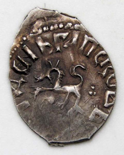 Денга Псковcкая, период самостоятельности, князь Довмонт/барс влево, серебро Денга Псковcкая, период самостоятельности, князь Довмонт/барс влево, серебро