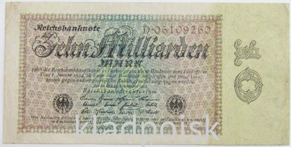 Банкнота 10 миллиардов марок 1924 года - Веймарская Республика Банкнота 10 миллиардов марок 1924 года - Веймарская Республика