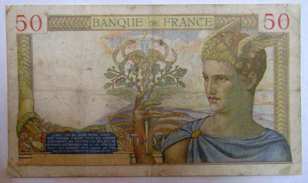 Банкнота 50 франков 1937 года Франция (Церера)