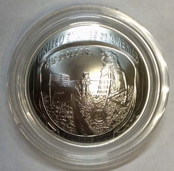 Монета 1 доллар США Аполлон 11, 2019, с сертификатом, серебро 999, в футляре и картонной коробке, UNC