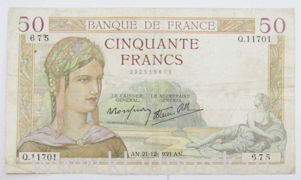 Банкнота 50 франков 1939 года Франция (Церера) Банкнота 50 франков 1939 года Франция (Церера)