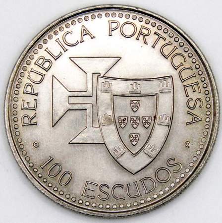 Монета 100 эскудо 1989 года, Открытие острова Мадейра «Золотой век открытий», Португалия