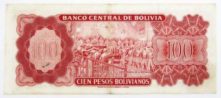 Банкнота 100 песо 1962 года Боливия