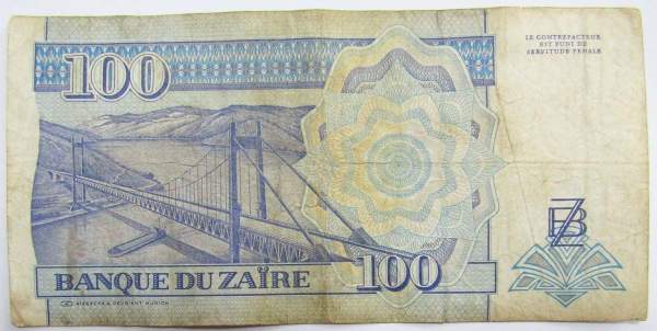 Банкнота 100 новых заиров 1994 года Заир Банкнота 100 новых заиров 1994 года Заир