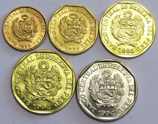 Набор монет Перу, 1991-2000 гг, 5 монет, шрифт Брайля