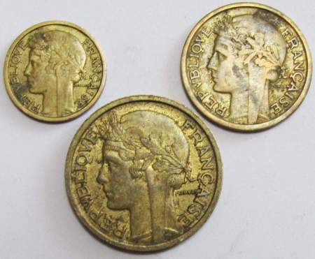 Набор из 3 регулярных монет Франции 1931-1947 года