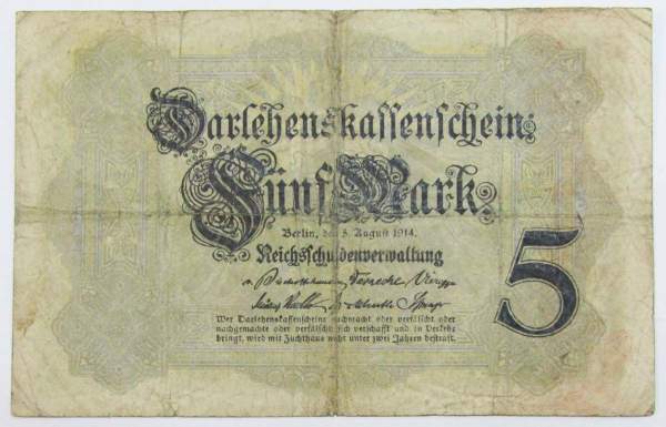Банкнота 5 марок 1914 года Германия
