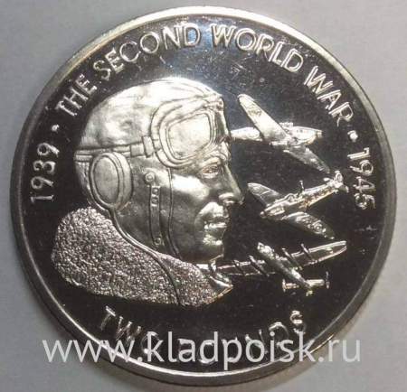 Монета 2 фунта 2019 Вторая Мировая война, Лётчик - Британские территории в Индийском океане Монета 2 фунта 2019 Вторая Мировая война, Лётчик - Британские территории в Индийском океане