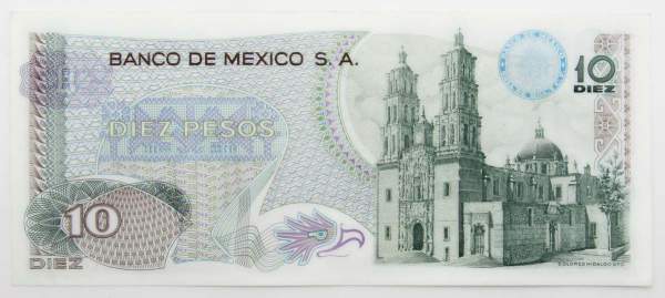 Банкнота 10 песо 1969 года Мексика