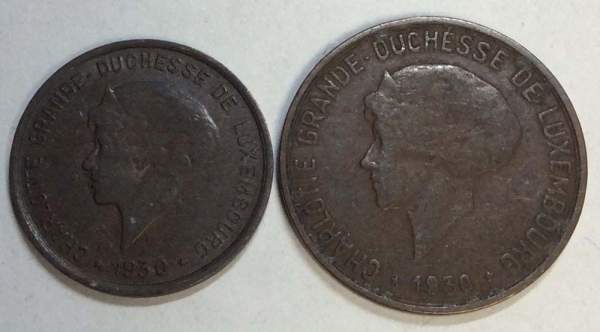 Набор регулярных монет Люксембурга, Великая герцогиня Шарлотта, 1930г., 2 монеты