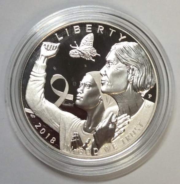 Монета 1 доллар США Борьба с раком молочной железы 2018 с сертификатом, серебро 900, в футляре и картонной коробке, Proof