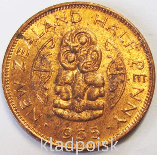 Монета 1/2 пенни 1965 года Новая Зеландия Монета 1/2 пенни 1965 года Новая Зеландия