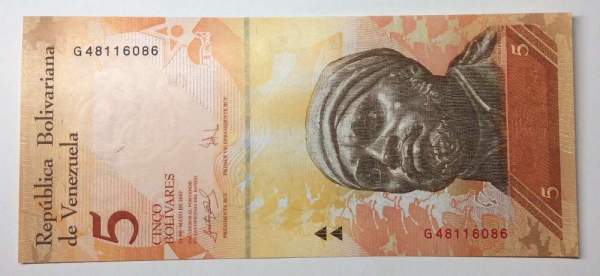 Банкнота Венесуэла 5 боливаров 2007 г.