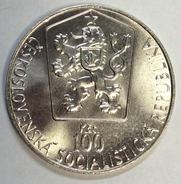 Монета 100 крон 1985 года Чехословакия, Чемпионат Мира и Европы по хоккею, серебро 700 пробы