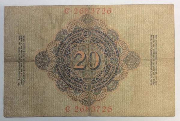 Банкнота 20 марок 1908 года Германия Банкнота 20 марок 1908 года Германия