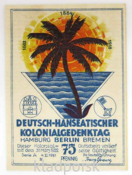Нотгельд 75 пфеннигов 1922 года Германия - Колонии, Юго-западная африка