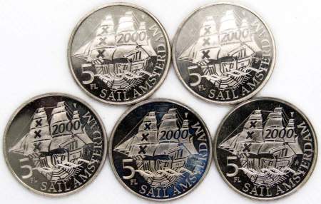Набор монет 5 флоринов 2000 г. Парус Амстердам, 5 монет