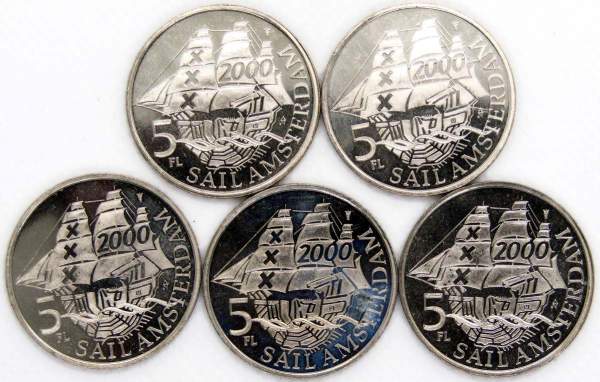 Набор монет 5 флоринов 2000 г. Парус Амстердам, 5 монет