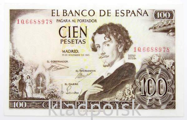 Банкнота 100 песет 1965 года Испания