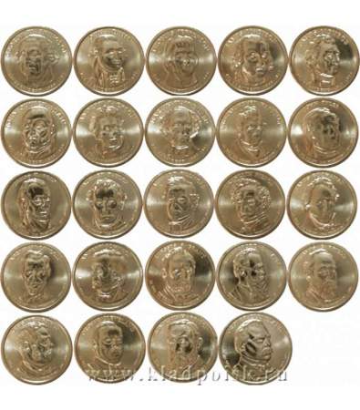 Набор из 24 монет 1 доллар США «Президенты Америки»,  в подарок альбом для монет и монета Сочи Талисманы.