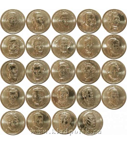 Набор из 24 монет 1 доллар США «Президенты Америки»,  в подарок альбом для монет и монета Сочи Талисманы.
