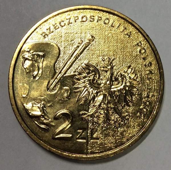 Монета 2 злотых Польша, серия «Польские художники» Ян Матейко, 2002 Монета 2 злотых Польша, серия «Польские художники» Ян Матейко, 2002