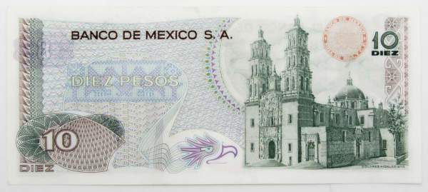 Банкнота 10 песо 1974 года Мексика
