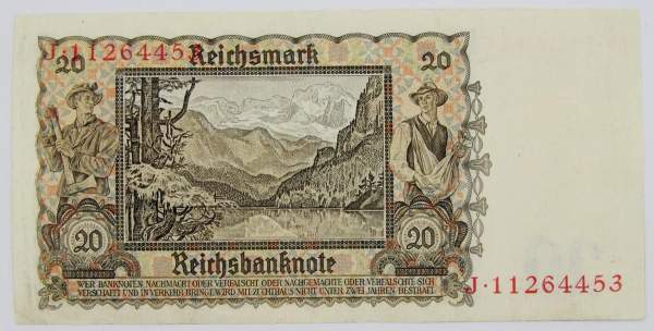 Банкнота 20 рейхсмарок 1939 года Германия Банкнота 20 рейхсмарок 1939 года Германия