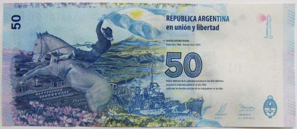 Банкнота Аргентина 50 песо 2015 года Защита Мальвинских Островов