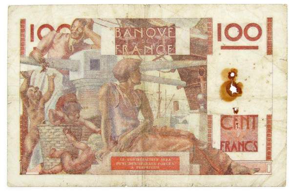Банкнота 100 франков 1946 года Франция, арт 2