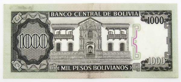 Банкнота 1000 песо 1982 года Боливия
