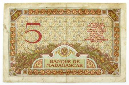Банкнота 5 франков 1937 года Мадагаскар