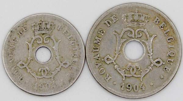 Набор монет Бельгии 1903-1906 гг., 2 монеты, ROYAUME DE BELGIQUE
