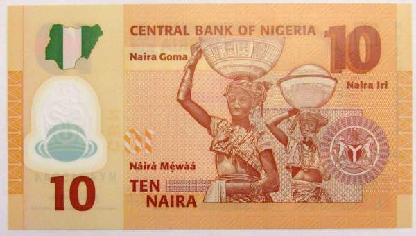 Пластиковая банкнота 10 найра 2009 года Нигерия, арт 2