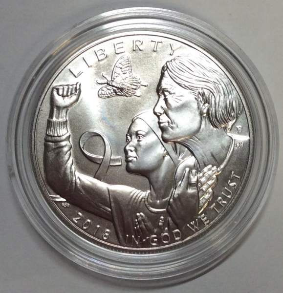 Монета 1 доллар США Борьба с раком молочной железы 2018 с сертификатом, серебро 900, в футляре и картонной коробке, UNC