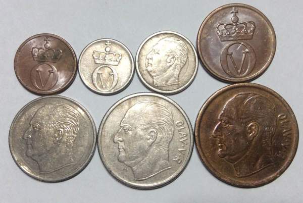 Набор регулярных монет Норвегии 1958-1973 гг., 7 монет