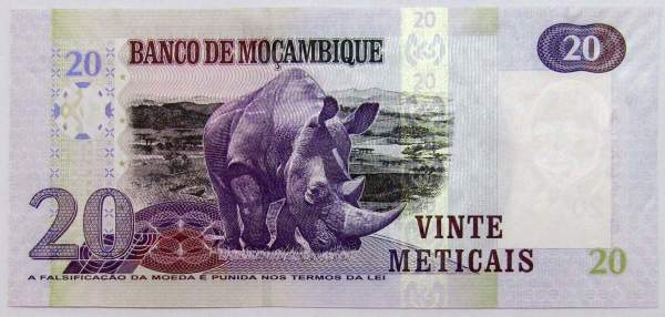 Полимерная банкнота 20 метикалов 2006 года Мозамбик