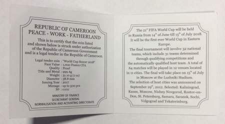 Монета 1000 франков Камерун Чемпионат мира по футболу в России 2018. Москва