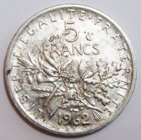 Монета 5 франков 1962 года Франция, серебро Монета 5 франков 1962 года Франция, серебро