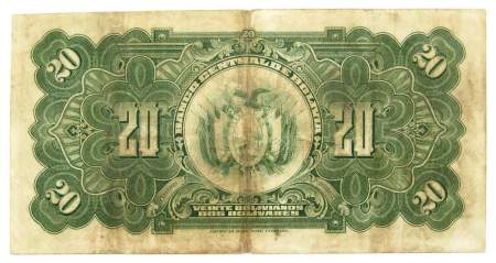 Банкнота 20 боливано 1928 года Боливия