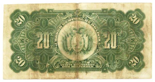 Банкнота 20 боливано 1928 года Боливия