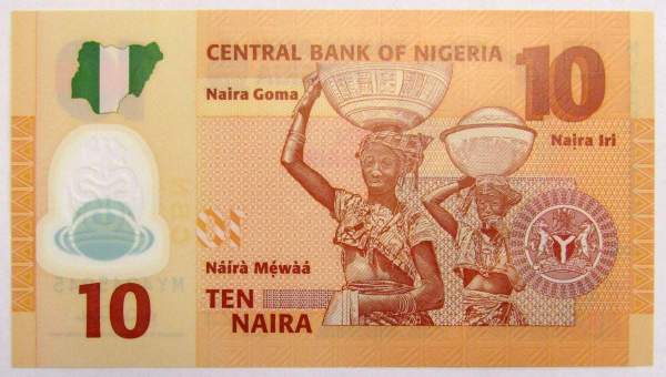 Пластиковая банкнота 10 найра 2009 года Нигерия